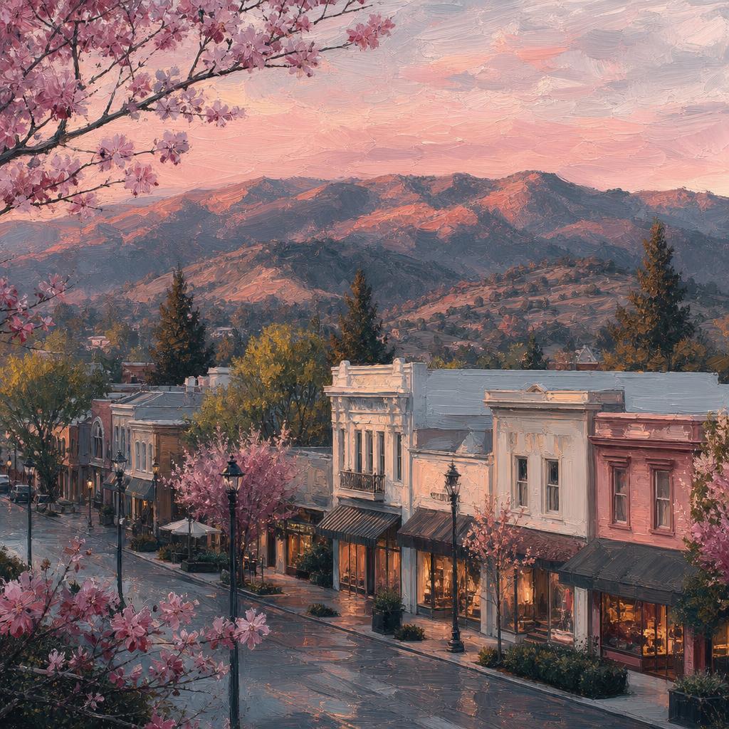 Impressionist view of Saratoga foothills, local storefronts, and flowering branches